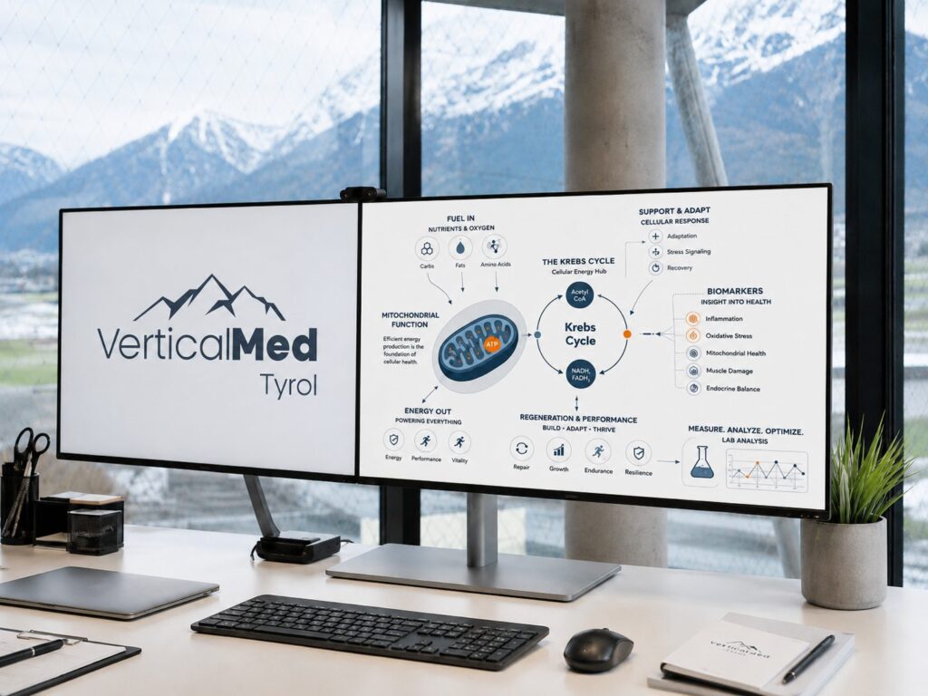 Arbeitsplatz bei VerticalMed Tyrol mit medizinischer Grafik zur Labordiagnostik und Stoffwechselanalyse